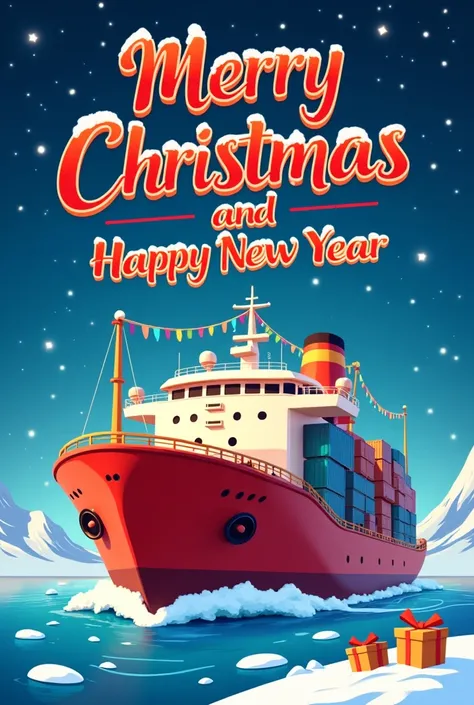 Poster quoting "Merry Christmas and happy new year Venture family" with a animated bulk carrier cargo ship 