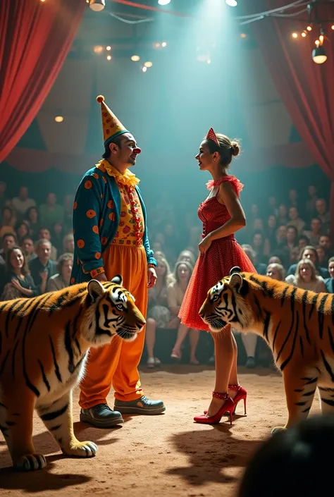 A clown and a woman Tiger master and for  funny tigers (circus)