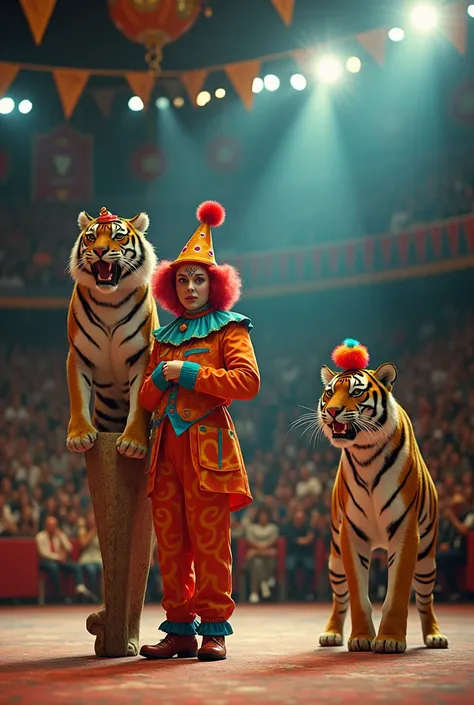 A clown and a woman Tiger master and for  funny tigers (circus)