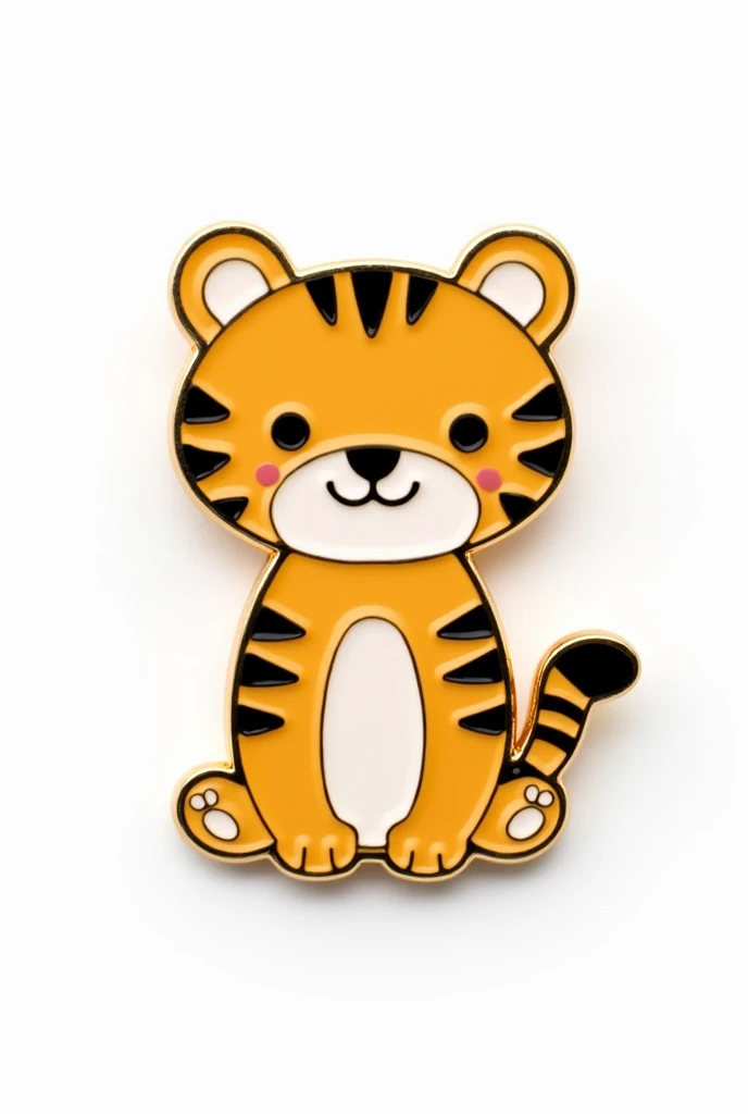 A photo of an enamel pin with a gold border on a white background. The pin features a cute tiger， Morandi color. The pin is simple, using bold colors and a playful outline. It looks like a pin you might find on a jean jacket or backpack.