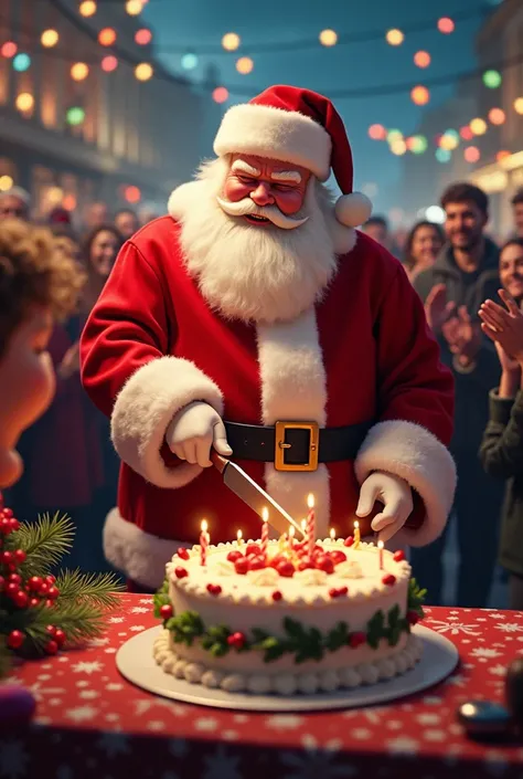 Turn this image into Santa Claus cutting a Christmas cake with many people standing behind and clapping, with colorful lights everywhere.