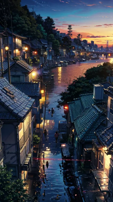 a painting of a street with houses in the background, rio de janeiro in an anime film, makoto shinkai. high detail, anime scenery concept art, style of makoto shinkai, makoto shinkai art style, anime. by makoto shinkai, by Makoto Shinkai, by makoto shinkai...