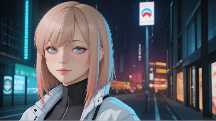  There is a woman standing on the side of the street,  cyberpunk art by Yang J , Trending on ArtStation,  realism, artwork in the style of Gwaiz,  anime style to cover left eye. 8k, Gwaiz,  realistic anime 3d style in the style of Kantai Collection,  trend...