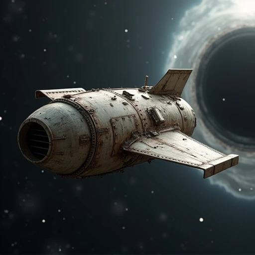 no people, foreground: small and artisanal modified damaged spacecraft.  background:  Black hole вдалеке от корабля...