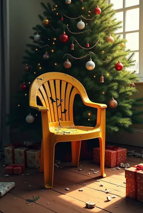 Generate image of a broken plastic chair under the Christmas tree