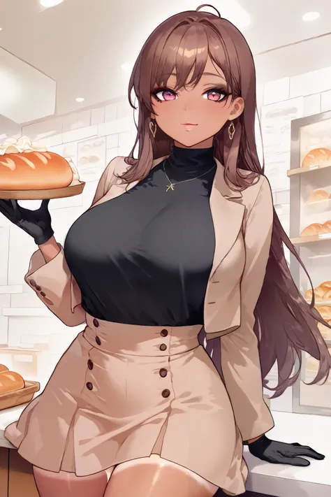 Generate a picture of a taned skin woman inside a bakery store while holding a piece of bread thats leaking white cream as she stand besides the counter. Shes is wearing a brown skirt suit. The suit consists of a cropped blazer with a double-breasted closu...