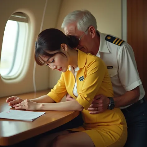 A pretty Japanese stewardess both hands on table she is bend over, very bright white skin, brown spread hair, natural bang, wearing a yellow cabin attendant uniform, business uniform, tight short dress suit uniform with name tag, colors, a woman is wearing...