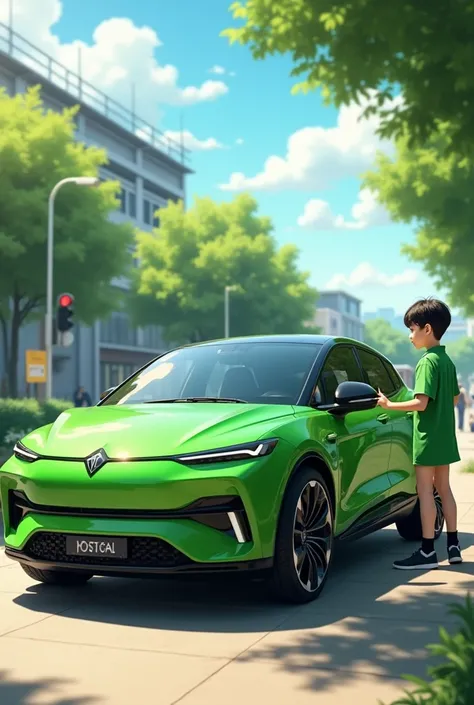 Green portia car in a school and a boy enter into portia car with light green uniform dress