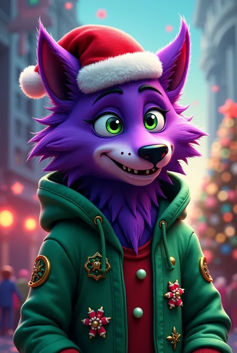 Make me a rockstar purple werewolf with green eyes and a green jacket that has a christmas vibe (like with a christmas hat) a bit more cartoonish but not too much