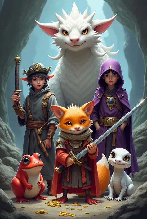 Creates an image of RPG characters . A red frog smoking a pipe . A orange 7-tailed fox holding a sword. A ninja with a bag full of gold , a white snake in purple robes . A white dragorborn 