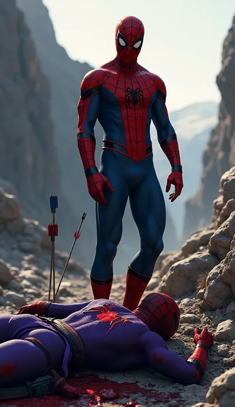  Spider-Man  standing over his bloodied body of  Hawkeye. Background: Rocky battlefield at dusk, arrows stuck in the ground.