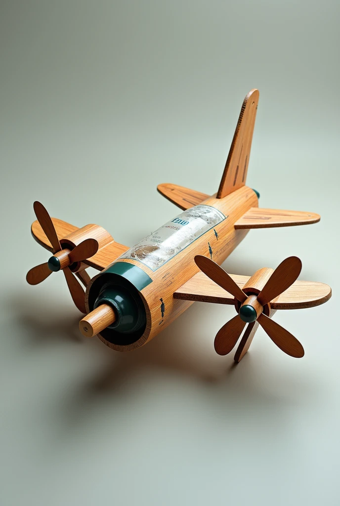 build an engineering design about wood aeroplane with 3 fan in front of the body and  at the wings, also a jet machine from plastic bottle