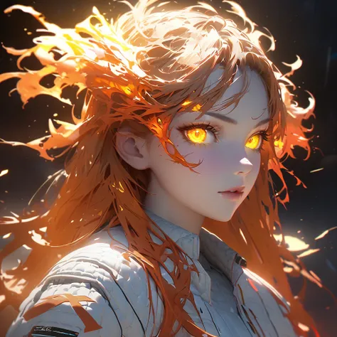 Close- up shot, cool girl, long hair, (fire hair), yellow eyes, glowing eyes, particel, glowing particel, detailed lighting, UHD, edge lighting, Masterpiece, highest quality, realistic