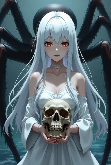 Anime girl with long white hair, brown eyes, and a sly face wearing a white dress, is holding a skull and a big spider is staring at her from behind.