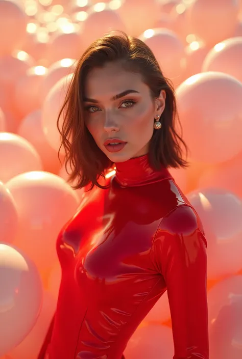 masterpiece, best quality, highly detailed background, perfect lighting best quality,fashion portrait photo of very beautiful young woman from the 80s wearing a red rubber bodysuits standing in the high of a ton of white rubber balloons, taken on a hasselb...