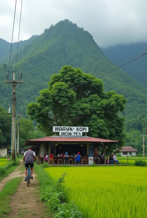 a coffee shop under a green hill surrounded by rice fields and paths. There is a text sign that says "Warung Kopi Oncom Pea"And you can see stall demonstrators sitting in front of the stall, and residents passing by using bicycles. You can see tree electri...