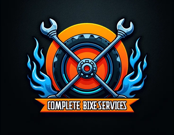 Design a logo featuring a motorbike wheel with intersecting spanners in the center of a circular orange background. Surround the circle with stylized blue flames extending outward. Below the circle, include bold orange text reading "BIKE CARE" and a smalle...