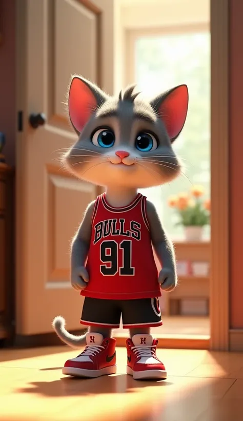 " Another high quality 3D rendering of an anthropomorphic gray white male juvenile cat with expressive blue eyes,  wears a sleeveless Chichago Bulls basketball shirt number 91 ,  black short jeans and red jordan shoes .  he is standing in front of the door...