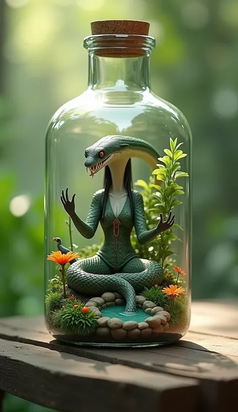 Realistic 3D rendering of a glass bottle and a female snake monster with a snake body, with long hair, scaly skin, long fanged teeth, a terrible face, a typical Balinese kebaya dress, looking at the camera, posing sitting cross-legged in a glass bottle con...