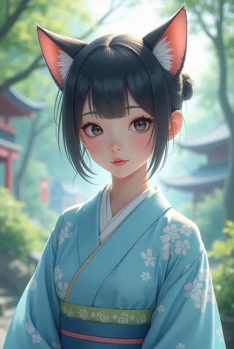 girl in light blue kimono with cat ears
