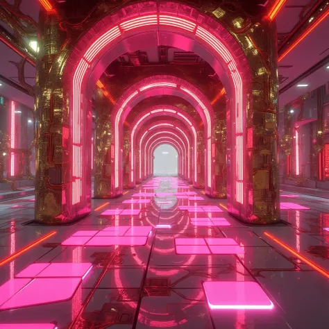 (Digital World), Metaverse BGM production, HDR quality, breathtaking 3D style art design, no text, neon decoration, main colors are pink and brown, the exhilaration of the shining interconnected network spread across the digital world. Producing a scene wi...