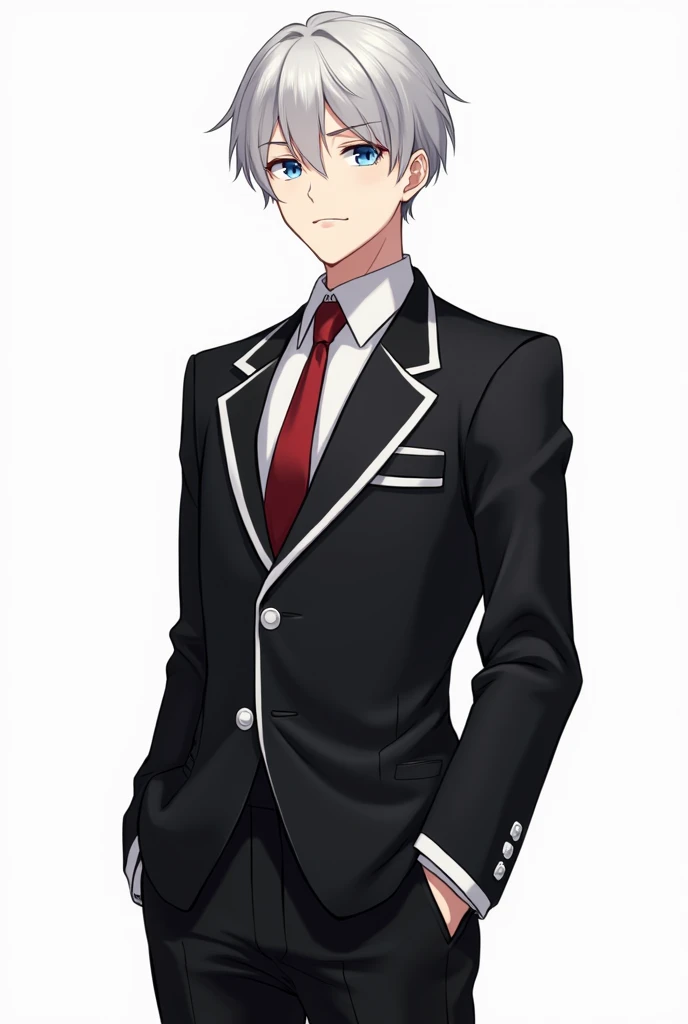 A male version of the character in the image. He has short silver hair, blue eyes, and wears a black noble academy uniform with a white trim and red tie. His expression is calm and confident, with a formal and refined appearance. The uniform consists of a ...