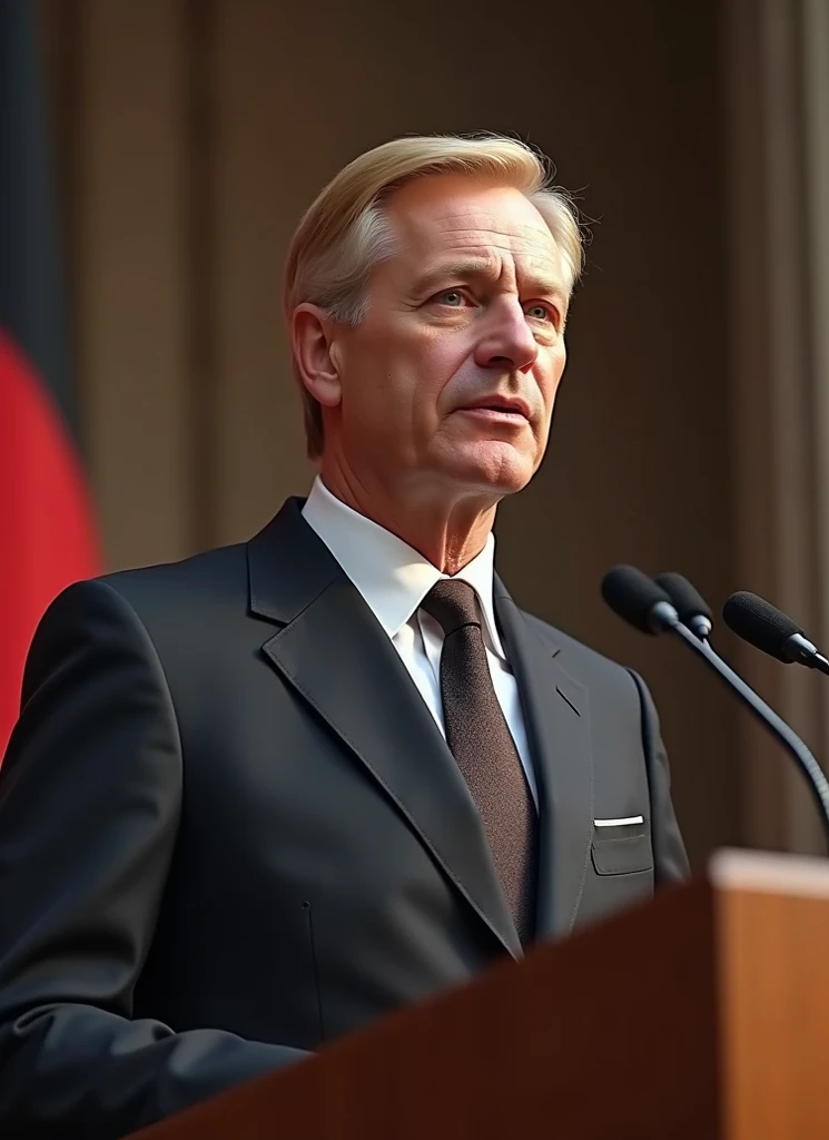  Create a photo of the German blond chancellor, a male ,  of the German Catholic country , who in a classic suit and tie gives a public speech on the podium with a microphone in front of the people, 2024 , 2 0 2nd century ,  2 0 2 s .  photorealistic ,  to...