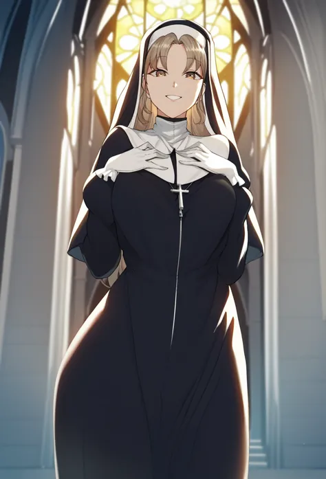 score_9, score_8_up, score_7_up, source_anime, sc1, long hair, brown eyes, light brown hair, parted bangs, nun, habit, dress, black dress, gloves, white gloves, zipper, smile, cowboy shot, church, backlighting, looking at viewer, (hands on own chest:1.1)