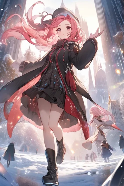  top quality , Super fine, 16k, 2.5D,  Delicate and Dynamic Depiction ,winter,walk, red knit inner ,Black long coat , black miniskirt, long boots、 flying in the sky,pink long hair, makes a sacred sound with the singing voices of beautiful game characters, ...