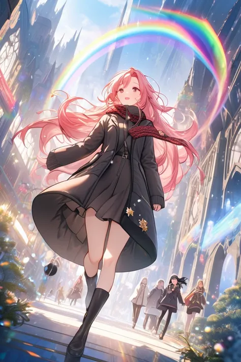  top quality , Super fine, 16k, 2.5D,  Delicate and Dynamic Depiction ,winter,walk, red knit inner ,Black long coat , black miniskirt, long boots、 flying in the sky,pink long hair, makes a sacred sound with the singing voices of beautiful game characters, ...