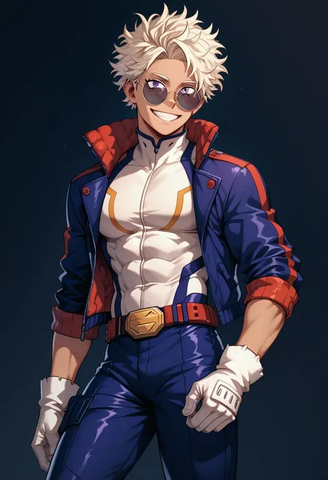  white male, athletic build, slight tan, pink very short messy hair with tapered fade, purple eyes, round sunglasses, soft smile, wearing hero suit with short jacket and gloves that uses black base color, combat pants, my hero academia anime style, safe fo...