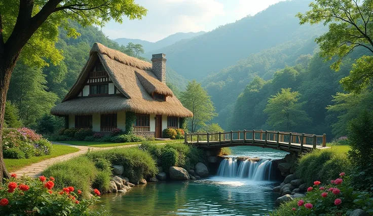 A colorful and beautiful 8k real shot of a thatched roof cottage set amidst green hills. A waterfall flows into a small pond near the house. A bamboo bridge. Beautiful flowers are in the foreground. There are many different types of trees throughout the fr...