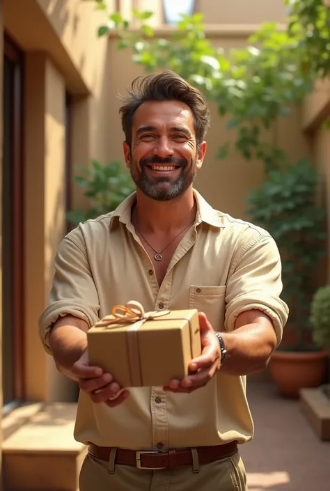 Mediterranean brown man with green eyes giving a gift, avec une expression de bonheur 