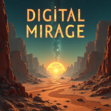 An album cover titled Digital Mirage. Show a mysterious and futuristic desert landscape with holographic illusions and glowing digital artifacts scattered throughout. Use warm colors like gold and orange with contrasting blues to create an enigmatic and su...