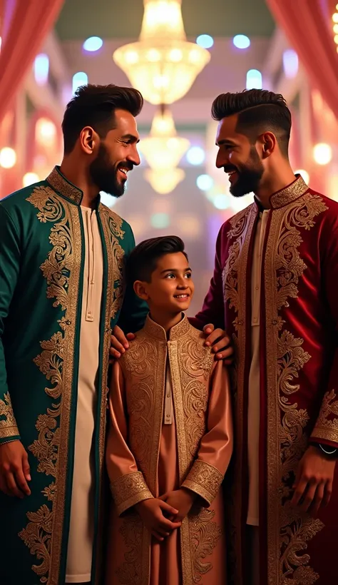 Pakistan boy in shalwar kameez give Messi and Ronaldo sherwani dress, background lights and wedding theme