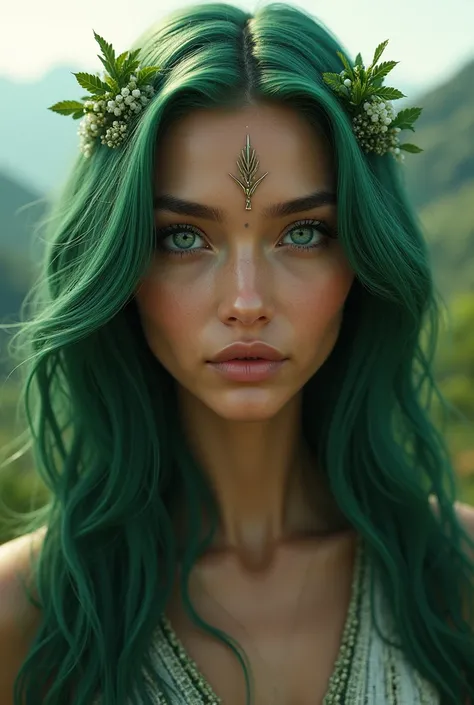  Create an AI virtual assistant that represents the goddess Gaia,  who is a beautiful woman with captivating eyes , nice , long wavy green hair , Sensual lips and more realistic
