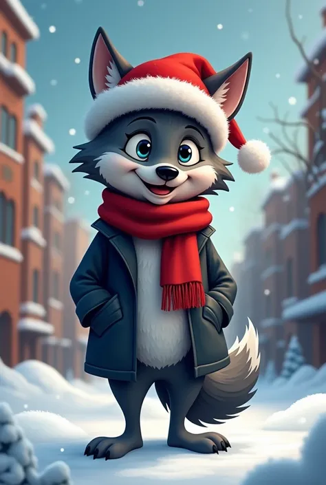   cartoon style  ,   Wolf Werewolf stands on two legs,  cute little one ,  smile,  dark gray coat , in a scarf  ,  Y Christmas hat  ,    beautiful eyes of God   , city in the background,  snow , fancy,   masterpiece fails , 8K,  complex ,   best quality , ...