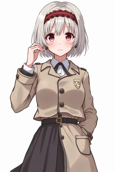 best quality,highly detailed,masterpiece,ultra-detailed,solo,(Delicate eyes),(white background:1.3),red eyes,standing,beltskirt,[trench coat:20],jewelry, mole_under_eye, looking_at_viewer, frilled_hairband,earrings