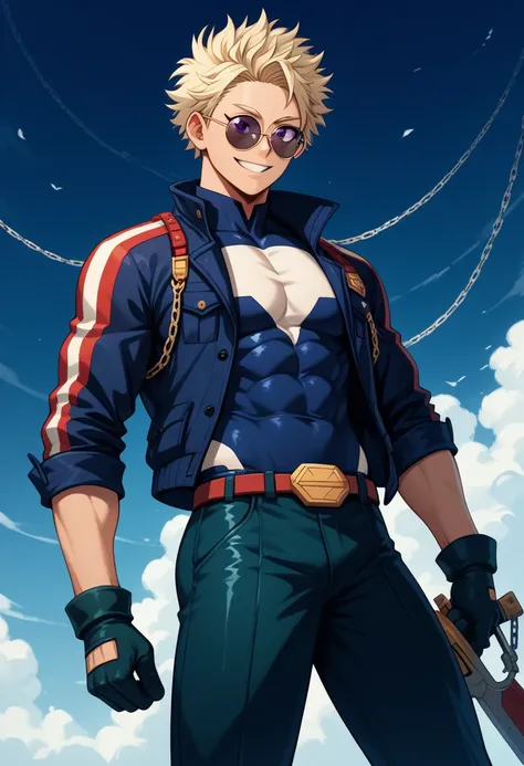  white male, athletic build, slight tan, pink very short messy hair with tapered fade, purple eyes, round sunglasses, slight smile, thin chains as his weapon, wearing black base color hero suit with short jacket and gloves, combat pants, my hero academia a...