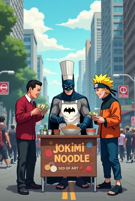 Batman using chef clothes is cooking noodles to sell directly in front of Mr. jokowi and naruto who are holding the money while laughing