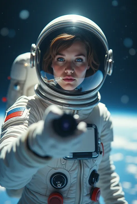 a female cosmonaut taking a selfie in very beautiful space. She has a white spacesuit, and white gloves, and her head is inside a transparent helmet