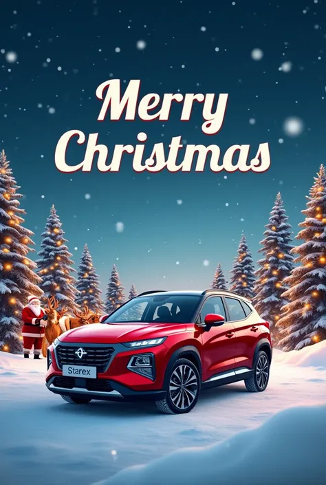 Create a Christmas poster featuring a Starex rental car as the central focus, surrounded by a snowy background with pine trees, lots of lights, and Santa Claus with his reindeer. Include the text "Merry Christmas" in bold, with an ultra HD 4K design.