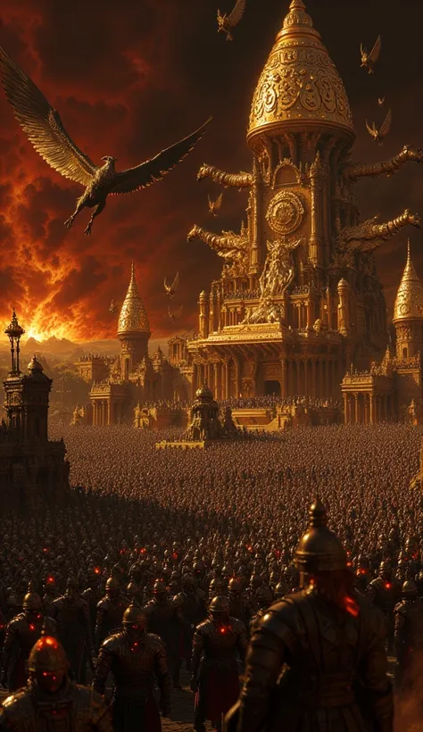 A vast and epic battlefield at twilight, illuminated by a fiery, apocalyptic sky streaked with crimson and gold hues. In the foreground, a menacing army of Rakshasas (demonic warriors) is arranged in a grand formation. The Rakshasas have hulking, muscular ...