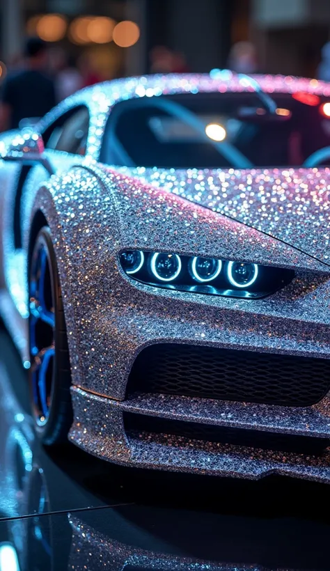 Diamond Bugatti Chiron: A Bugatti Chiron fully covered in sparkling diamonds, with intricate patterns of blue, pink, and white diamonds shimmering under soft lighting, showcased in a close-up frame.