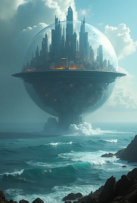 A space city surrounded by a crystal sphere plunges down from the sky into the sea and poisons it.