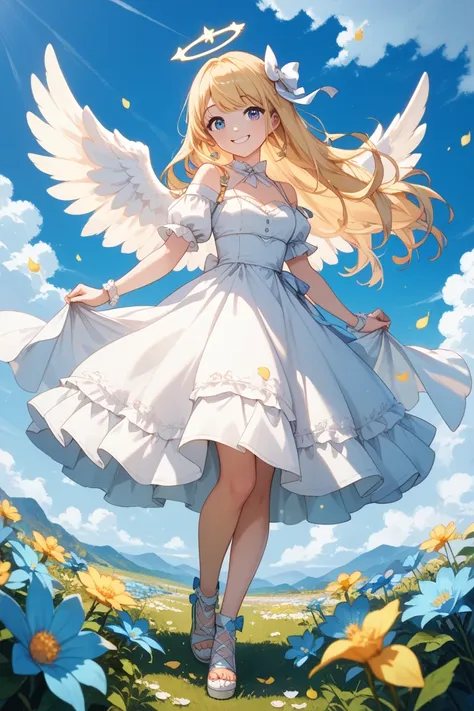 Female angel with white wings, long straight light yellow hair, sky blue eyes wearing light white dress, white background, cute, full body, smile cute, chiaroscuro,cinematic lighting,large quantity of petals, sunny, best quality,ultra detailed, super fine ...