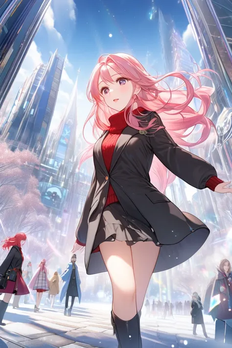  top quality , Super fine, 16k, 2.5D,  Delicate and Dynamic Depiction ,winter,walk, adult woman, red knit inner ,Black long coat , black miniskirt, long boots、 flying in the sky,pink long hair, makes a sacred sound with the singing voices of beautiful game...