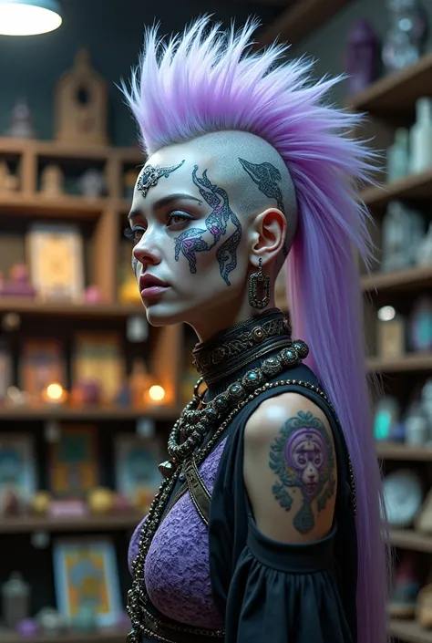 cyberpunk, white woman, mohawk, cyberware on face, cyberpunk bohemian outfit, lavender hair, lavender eyes, in cyberpunk magic mystic shop, crystals  and tarot cards on shelves