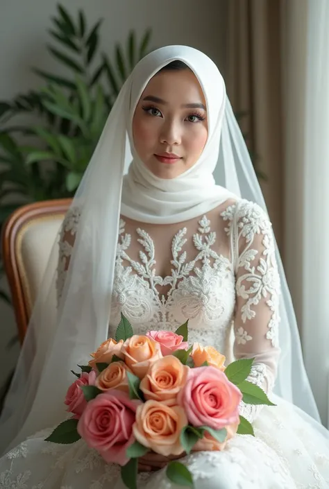 A beautiful Indonesian girl wears an elegant and sexy wedding dress,wearing a hijab and holding a bouquet of roses ,sitting on a chair facing the camera