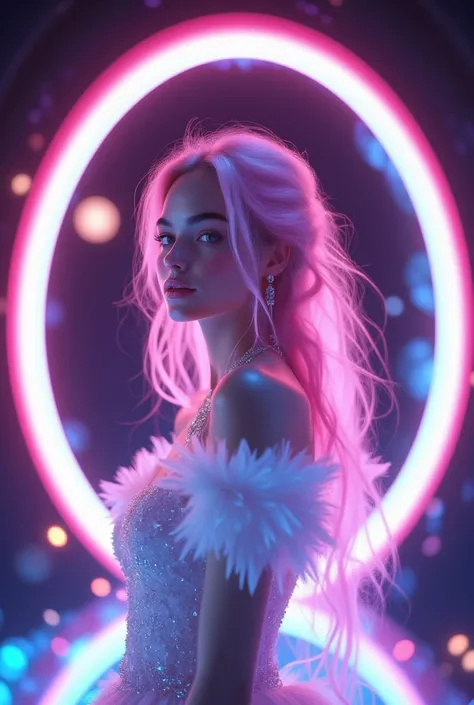 a photorealistic girl who can use space magic with feathery  long neon translucent baby pink  hair in front of her right shoulder, and luminouscent cyanic-blue eyes  , medium sized breasts, there is a neon bioluminous pink-black portal in the background wi...